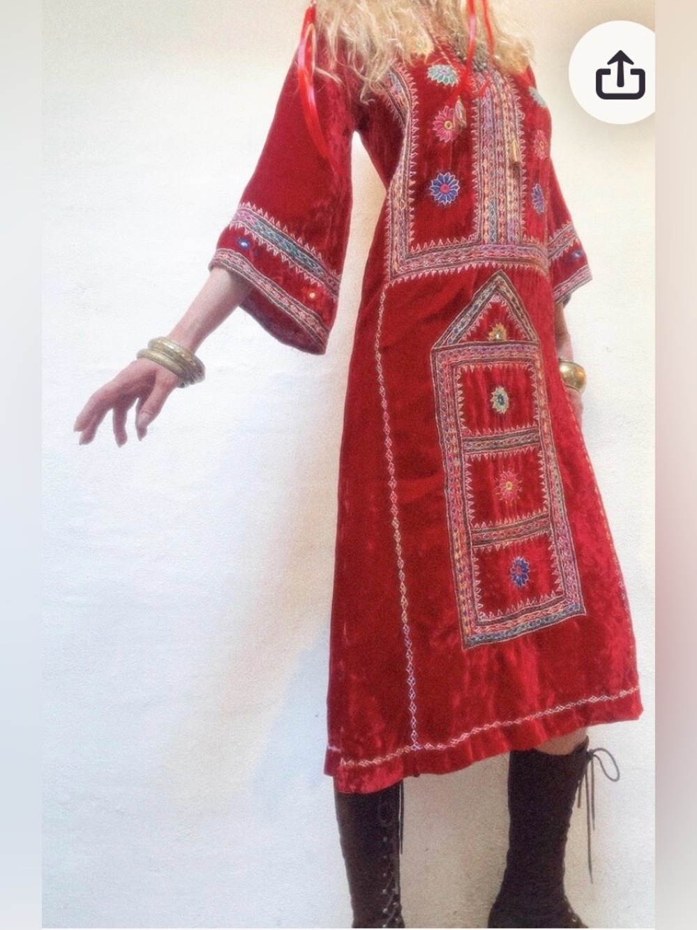 Bohemian Embroidered Red Velvet Midi Dress vintage 60s Pakistan velvet dress S